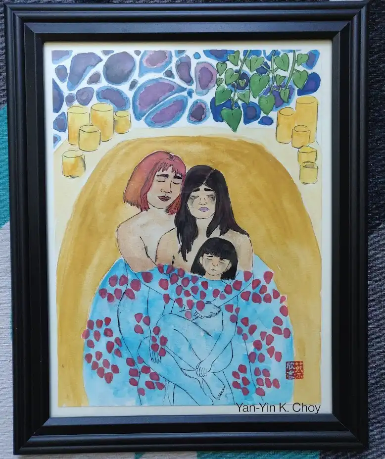 A watercolor painting of Yan-Yin's present, past, and child self embracing each other in a bath tub. Love Heals My Wounded Selves is a watercolor painting by Yan-Yin K. Choy