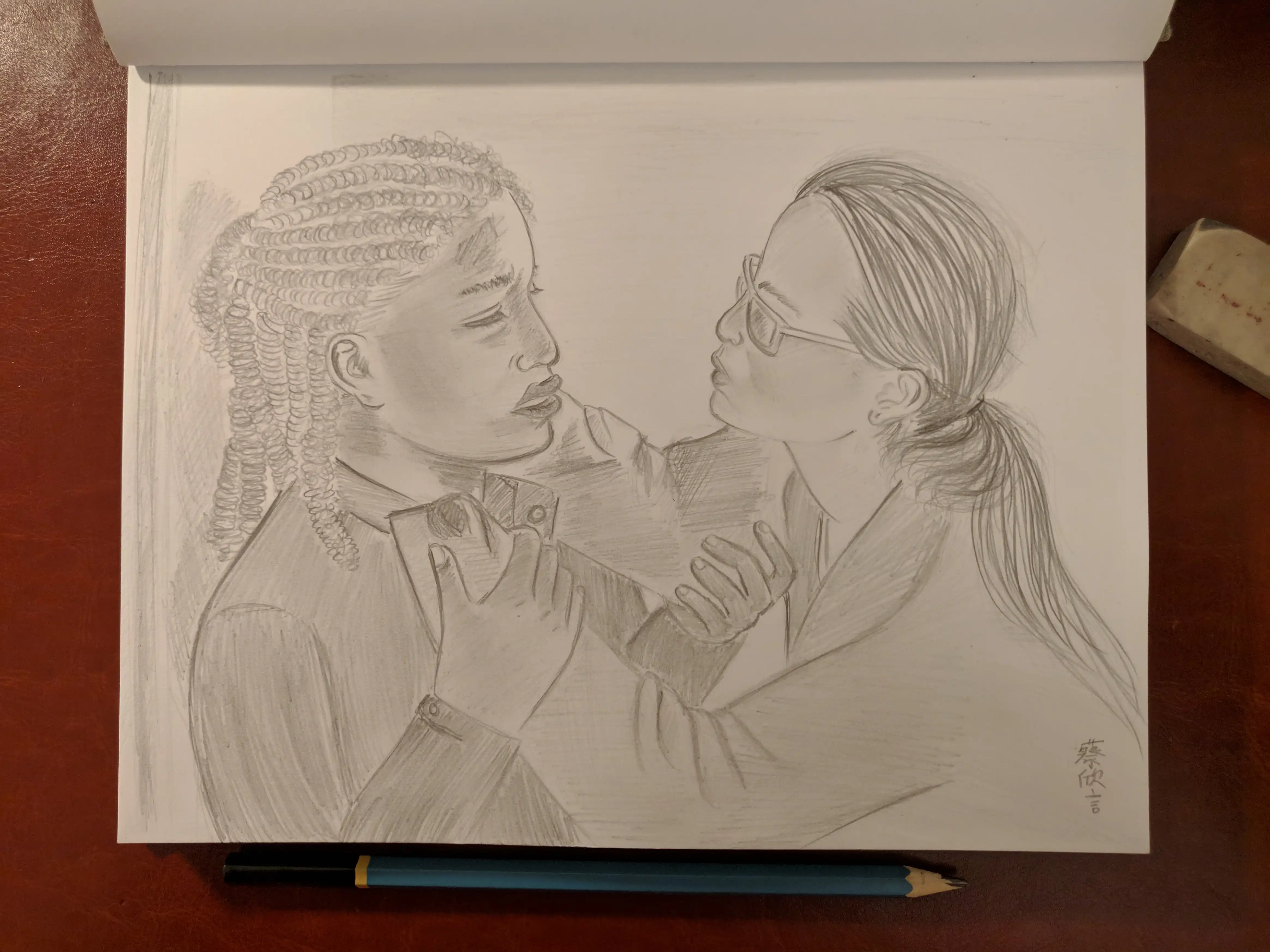 Sketch of Agent 355 and Dr. Mann looking into each other's eyes with yearning. Agent 355 has dreads and is holding Dr. Mann by her wrists. Dr. Mann is looking up through her glasses, almond-shaped eyes crinkling and hair pulled back into ponytail. Art by Yan-Yin K. Choy