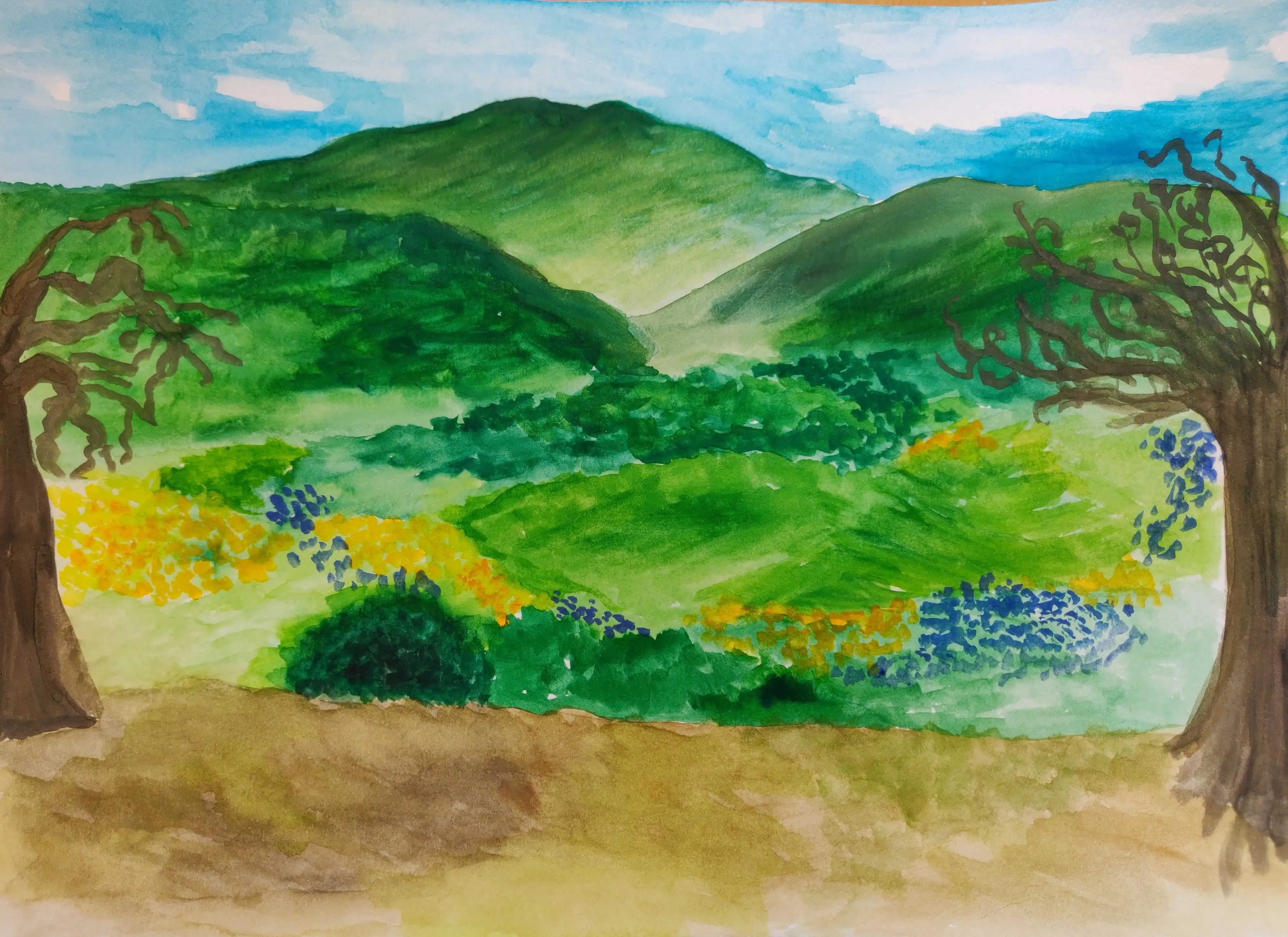 Watercolor painting of rolling green fields, blooming orange poppies and expansive blue sky at Almaden Quicksilver Park, on Amah Mutsun Land. Art by Yan-Yin K. Choy