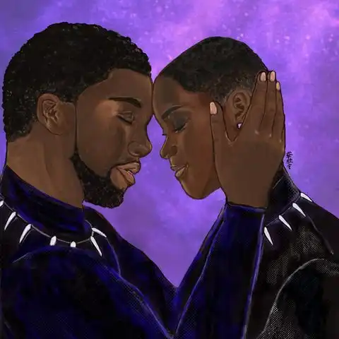 Digital art of T'Challa and Shuri, eyes closed and foreheads touching. T'Challa is holding Shuri's head gently, expressing his brotherly love. I'm not alone, art by Yan-Yin K. Choy