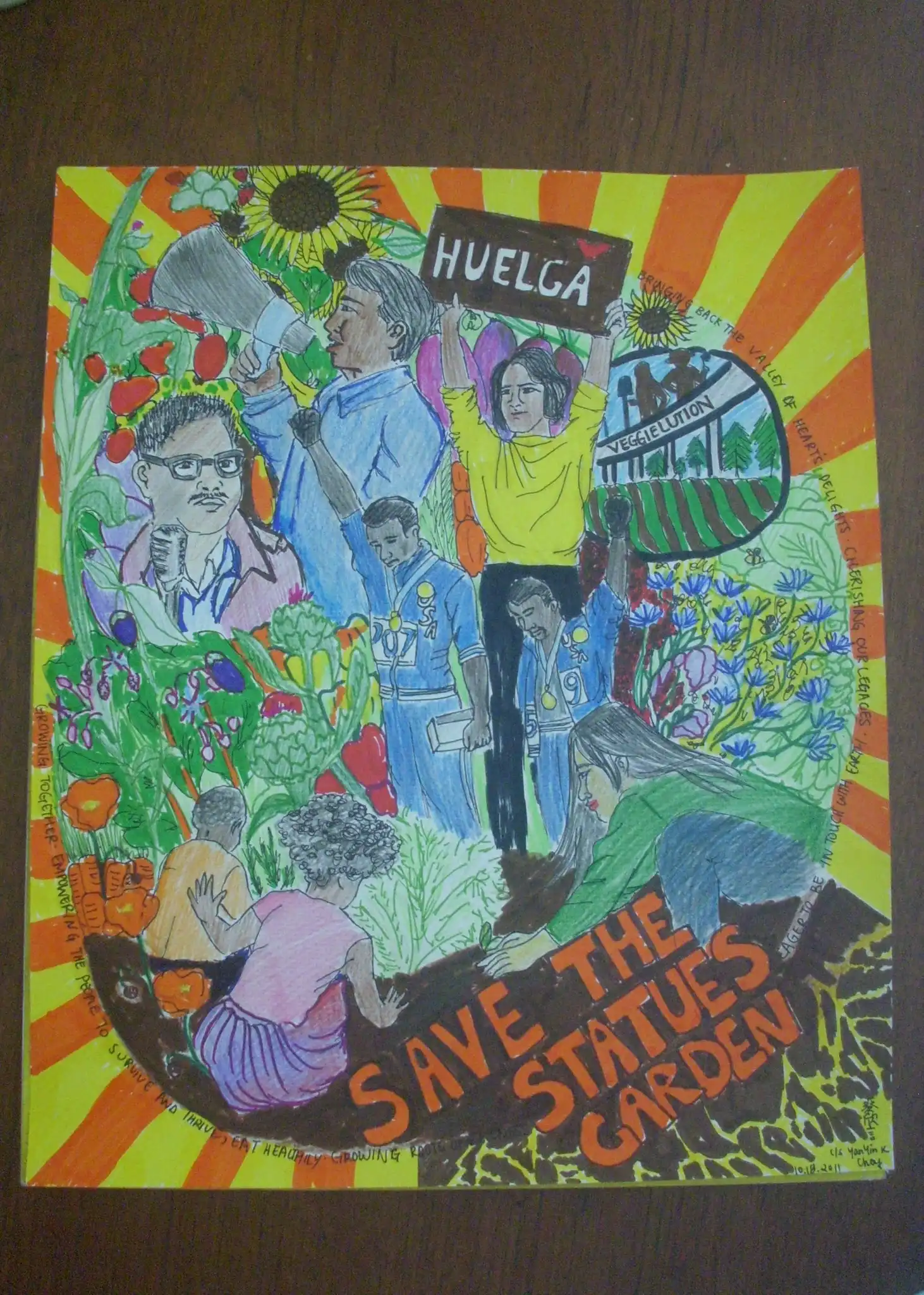 Poster of a collage of volunteers -- children, students volunteering at the Tommie Smith John Carlos Statues Garden at San Jose State University, with figures of Cesar Chavez, Dolores Huerta and Larry Itliong. This poster was created by Yan-Yin K. Choy