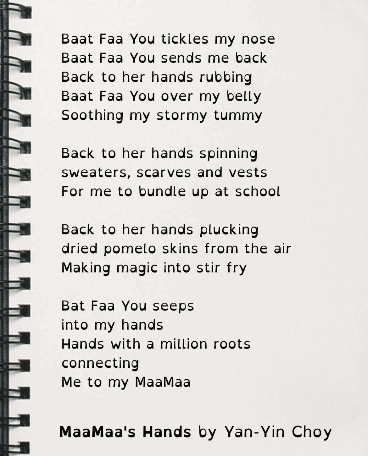 Graphic of Maa Maa's Hands, a poem by Yan-Yin K. Choy