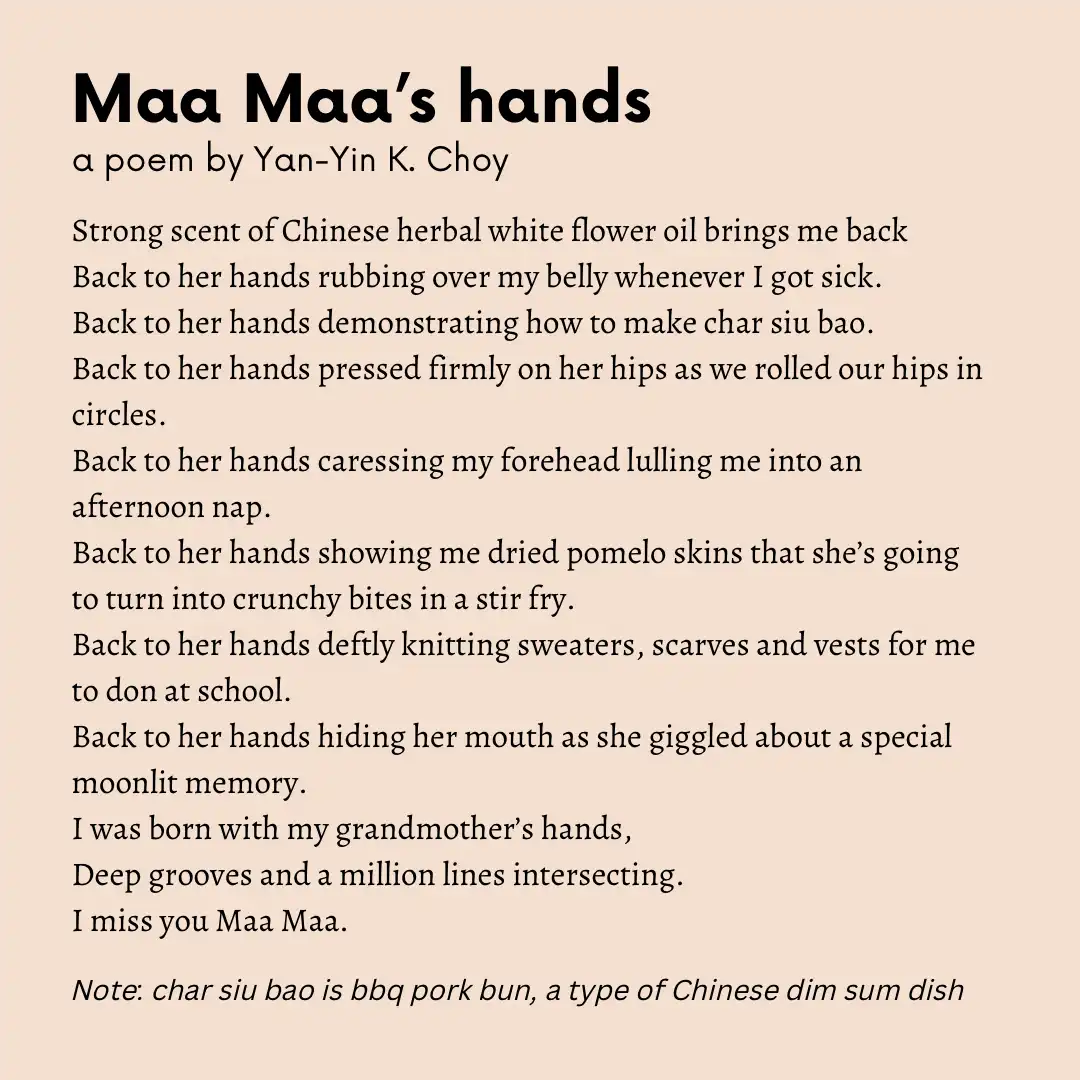 Graphic of Maa Maa's Hands, a poem by Yan-Yin K. Choy